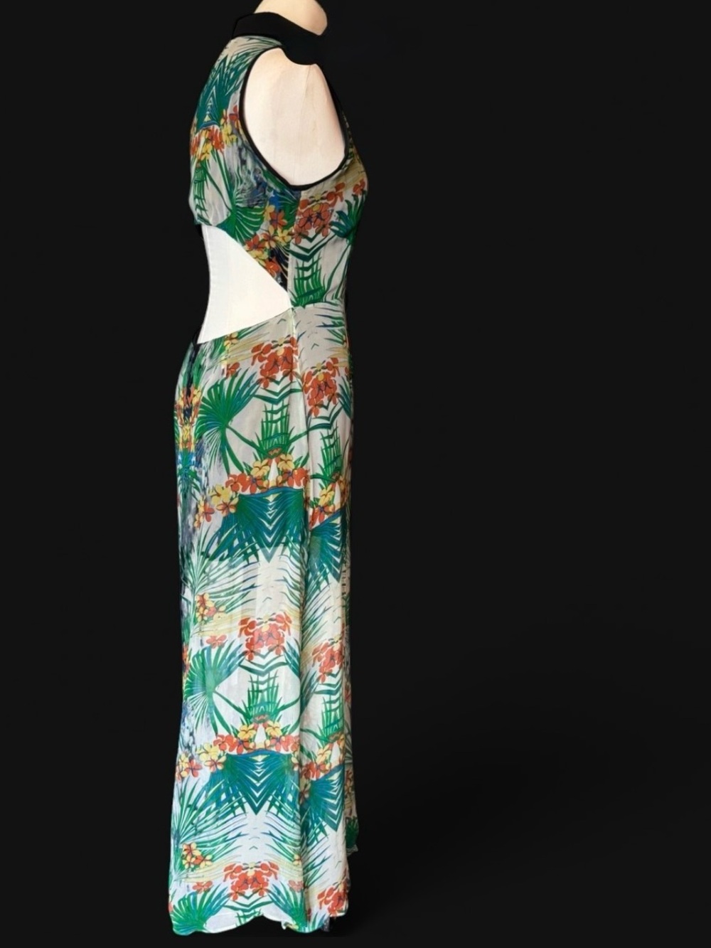 Line & Dot Tropical Green Floral Maxi Dress silk mother of pearl buttons open bk - Picture 6 of 11